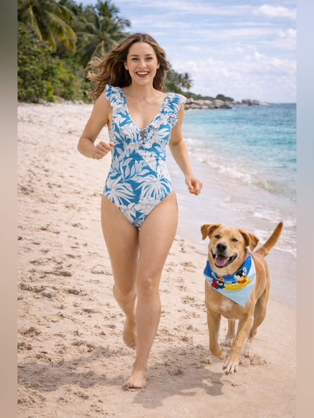 Profile By Gottex Ruffle V-Neck One Piece Swimsuit Tropical Leaf Print Size 14
